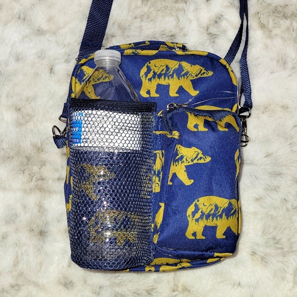 Bear water bottle crossbody bag. Navy blue, with lots of room.